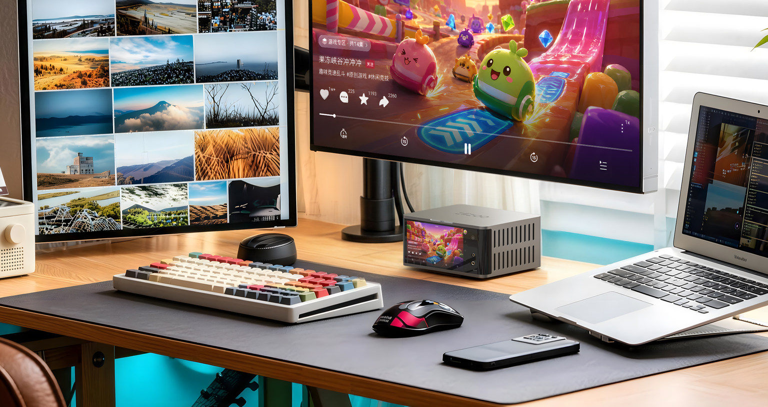 AIO70 in a colorful multi-screen gaming setup