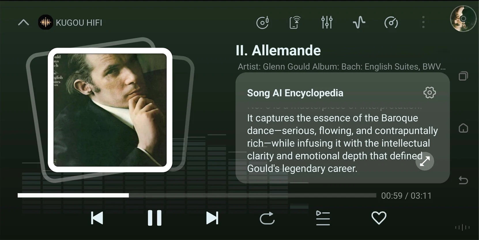 PureOS AI music encyclopedia beside album artwork