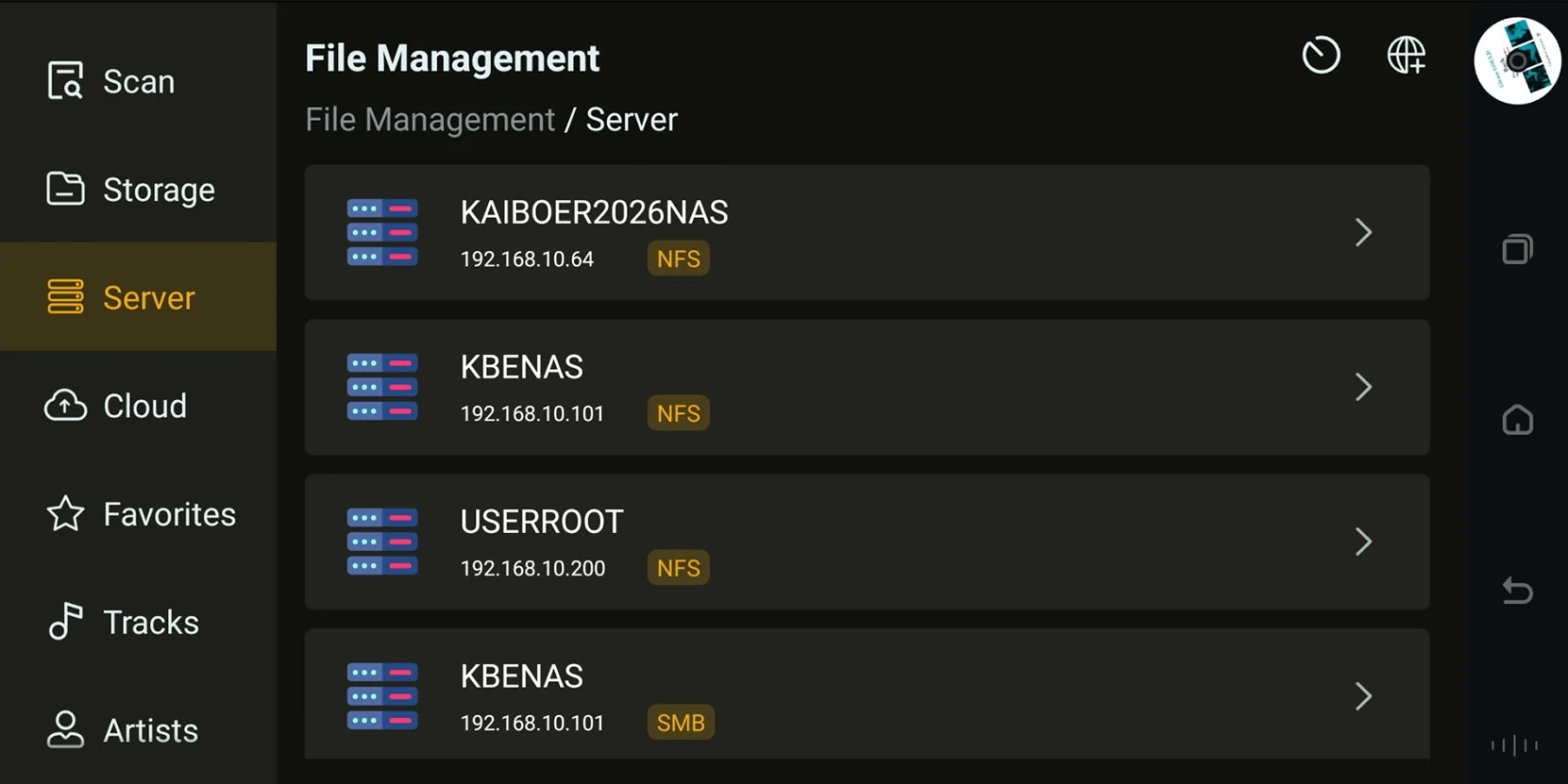 PureOS file manager showing NFS and SMB servers