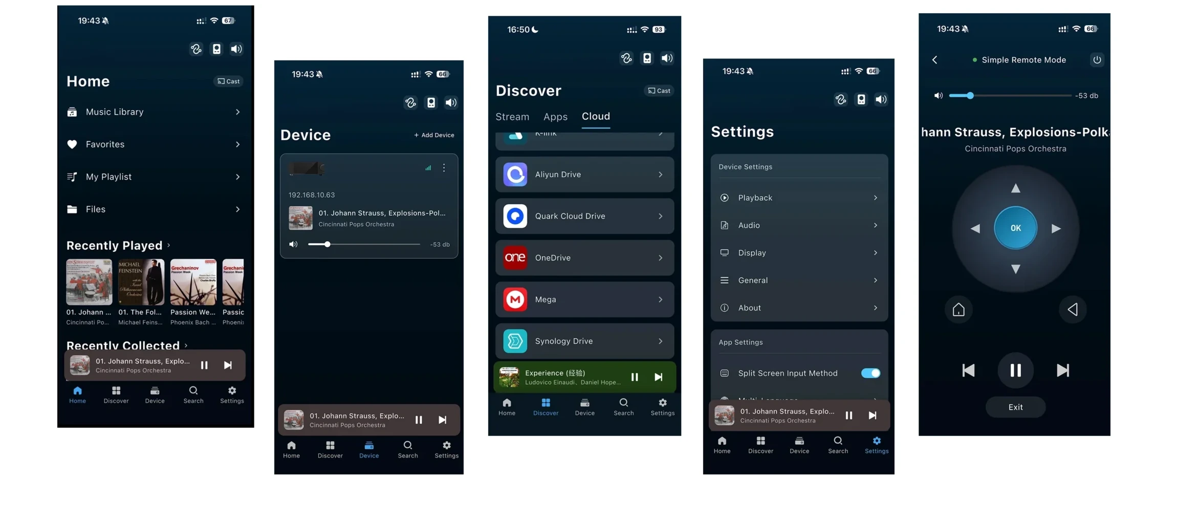 PureOS mobile app screens for library, device, cloud, settings and remote control